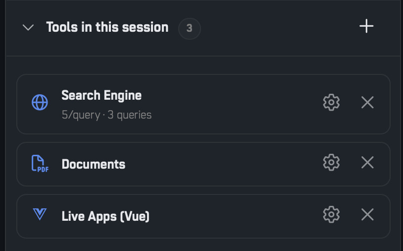 The Session Tools panel: the artifact tools a session can enable, each one configurable